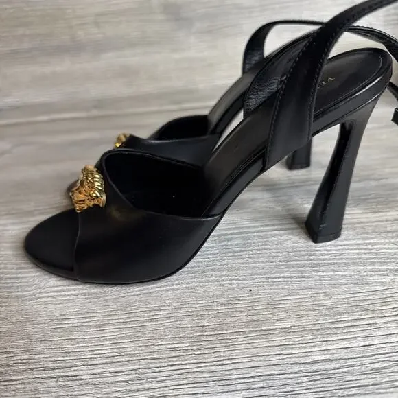 VERSACE SHOES BLACK LEATHER w MEDUSA HIGH HEEL SANDALS sz IT 39 US 8 - Picture 5 of 10